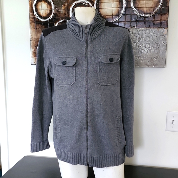 Men's Apt 9 Full Front Zipper Cardigan / Black Shoulder Patches Size L - Picture 3 of 9